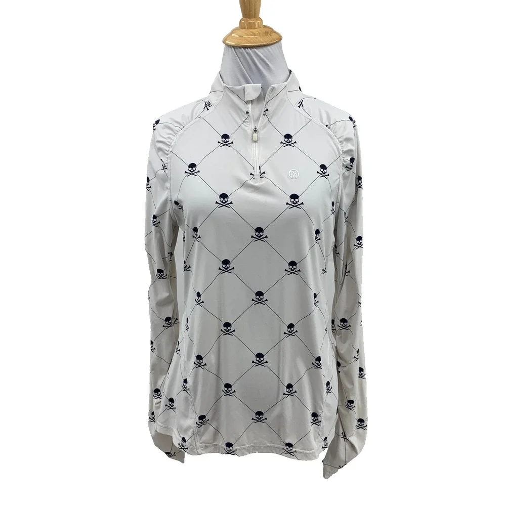 G/Fore Top Womens M Medium White Navy Skull Motif 1/4 Zip Ruched Long Sleeves